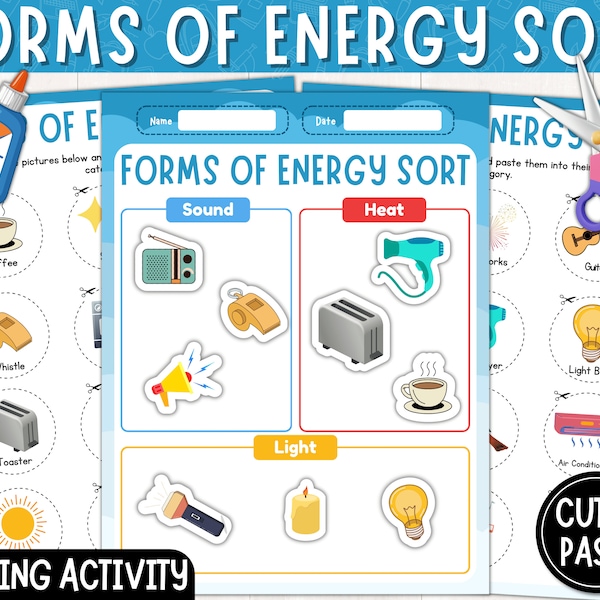 Forms of Energy Sorting Activity | Picture Sort | Heat, Light, & Sound | Types of Energy Sort Worksheet | Instant Download | PDF