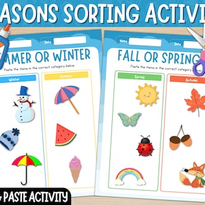 Four Seasons Sorting Activity | Cut and Paste | Seasons Matching Game | Winter vs. Summer | Spring vs. Autumn | Digital Download | Printable