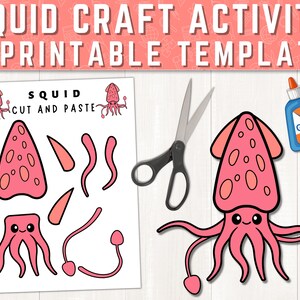 May include: Printable squid craft activity template. Cut and paste the pieces to create a pink squid with black eyes and a smiling face. Includes scissors and glue.