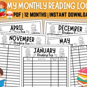 Maandelijkse leeslogboeken voor kinderen, afdrukbare maandelijkse leestackers, maandelijkse leesgrafiek, leeslogboeken voor thuisschool, huiswerkleeslogboeken