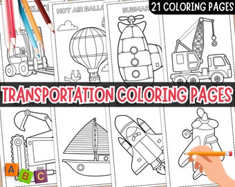 May include: 21 black and white colouring pages featuring different modes of transport, including a forklift, hot air balloon, submarine, crane, excavator, sailboat, spaceship, and aeroplane. The title "Transportation Colouring Pages" is at the top of the image.