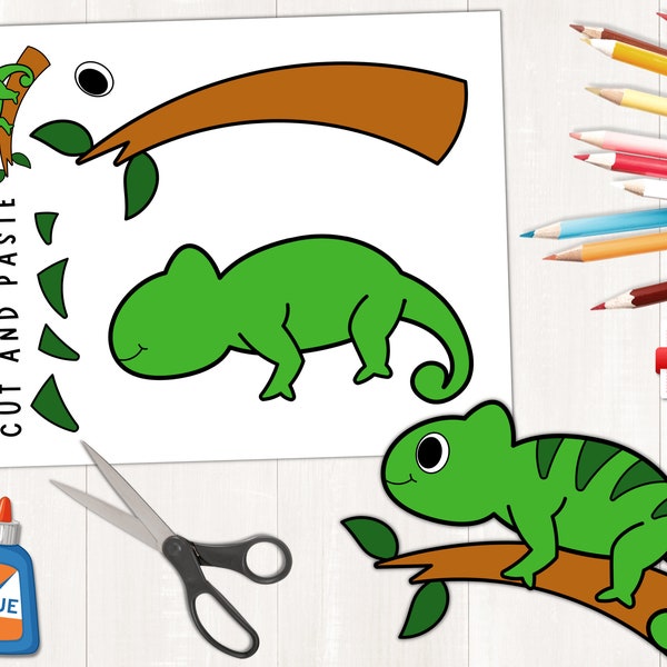 Chameleon Craft for Kids, Printable Template, Rainforest Activities, Chameleon Coloring Page, Build a Chameleon, US Letter Size, A4 Size