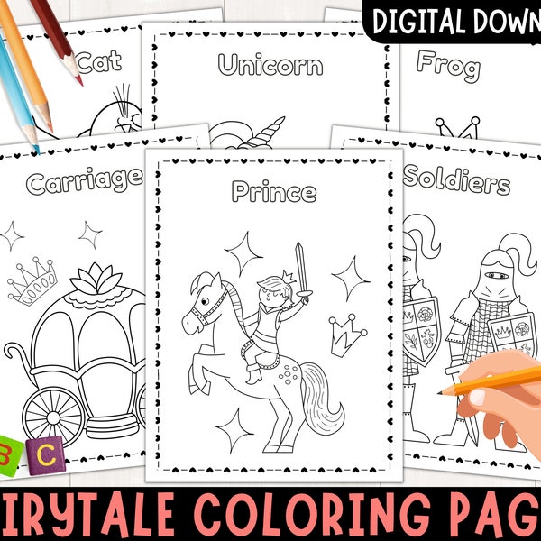 Fairy Tales Coloring Sheets for Kids, 9 Coloring Pages of Fairy Tale Fun, Unicorn, Mermaid, Dragon Coloring Pages, Instant Download, Pdf