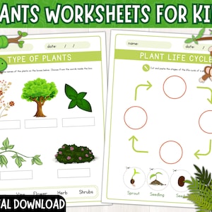 May include: Two printable worksheets for kids to learn about plants. The first worksheet has a green snake and asks kids to identify the type of plant by writing the name of the plant in the blank space below each image. The second worksheet has a monkey and asks kids to cut and paste the stages of the life cycle of a plant in the correct order.