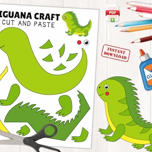 Op de afbeelding: Printbare iguana-knutsel voor kinderen. Knip de stukken uit en plak ze samen om een ​​groene iguana te maken. De knutselset bevat een printbare sjabloon, een schaar en lijm.
