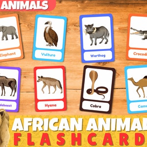 African Animals Printable Flashcards | African Animal Learning Cards | Savannah Animal | Montessori | Preschool Activity | Instant Download