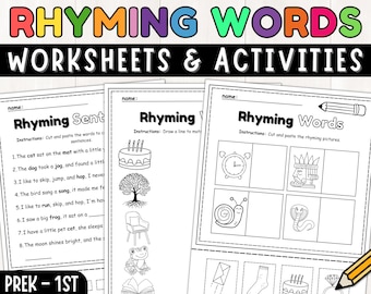 Rhyming Words Worksheets | Matching | Coloring | Cut & Paste | Rhyming Activity |  |