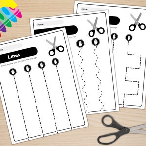 May include: A printable worksheet with three different line cutting activities for kids. Each worksheet has a pair of scissors, a stop sign, and a dashed line to cut on. The text on the worksheet says "Lines" and "Cut on the line until you reach the stop sign."