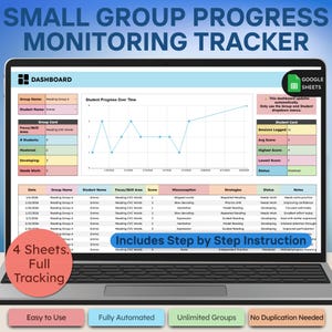 May include: A digital small group progress monitoring tracker displayed on a laptop screen. The dashboard features a line graph showing student progress over time, a data table with columns for date, student name, skill area, score, and notes.
