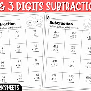 May include: Two black and white printable worksheets for practicing subtraction with regrouping. The first worksheet is for 2-digit numbers and the second is for 3-digit numbers. Both worksheets feature a title, name field, and a grid of subtraction problems.
