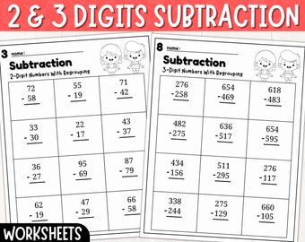Sottrazione a 2 e 3 cifre con e senza raggruppamento di fogli di lavoro / Matematica per bambini / Fogli di lavoro di matematica di grado 2 / Download istantaneo / PDF