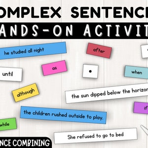 Può includere: Un set colorato di carte con parole e frasi per un'attività pratica sulle frasi complesse. Le carte sono su uno sfondo di legno bianco. Le parole includono "ha studiato tutta la notte", "fino a", "come", "dopo", "quando", "anche se", "il sole è tramontato", "mentre", "i bambini sono corsi fuori a giocare", "se", e "Lei si è rifiutata di andare a letto".