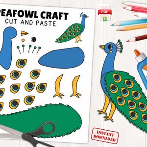 May include: A printable peacock craft kit with the text "PEAFOWL CRAFT CUT AND PASTE." The kit includes cut-out shapes of a peacock, including a blue body, green tail feathers, and yellow legs. A bottle of glue and colored pencils are also visible.