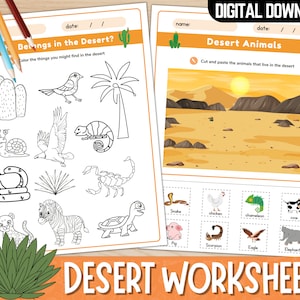 Hojas de trabajo imprimibles del desierto para niños / Actividades de animales del desierto / Tarjetas didácticas del desierto / Plantas del desierto / Actividad para colorear del desierto / PDF
