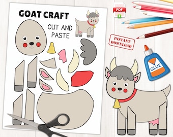 Modelo de Artesanato de Cabra para Imprimir | Artesanato de Animais de Fazenda para Crianças | Atividades na Fazenda | Colorir, Recortar e Colar | Página para Colorir de Cabra | Download Instantâneo