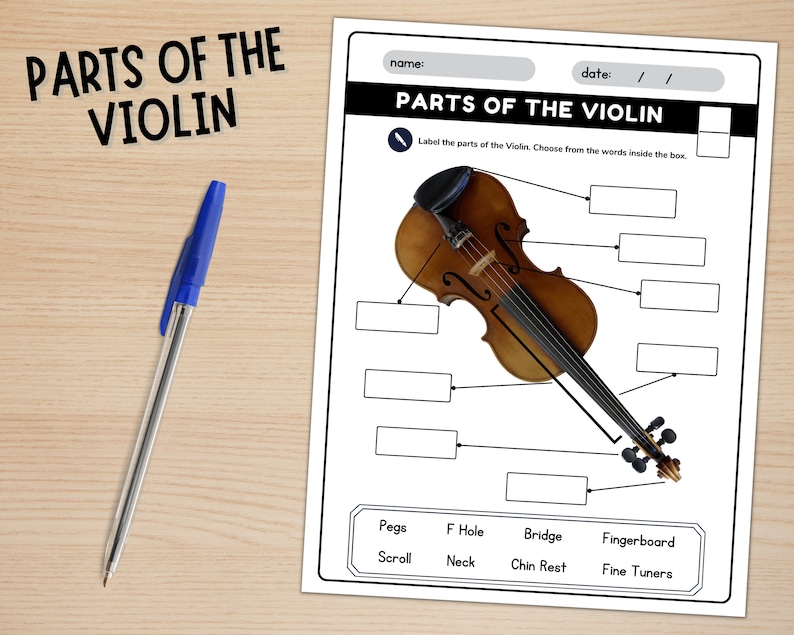 Printable Parts of the Violin Labeling Worksheets, With Answer Keys