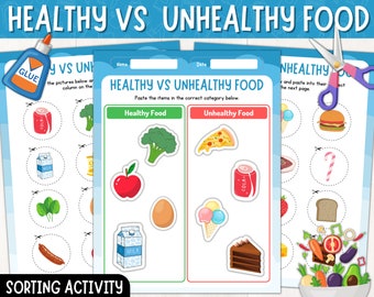 Sorteeractiviteit voor gezond en ongezond voedsel, afdrukbaar werkblad voor gezond of ongezond voedsel voor kinderen, voedsel sorteren, kleuterschool Montessori, pdf