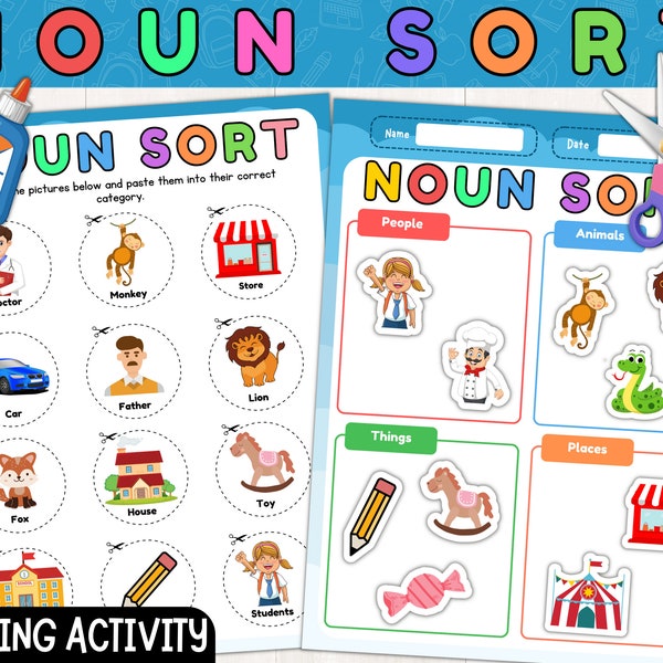 Noun Sort: People, Places, Things, or Animals | Nouns Cut and Paste Sorting Activity | Instant Download | PDF