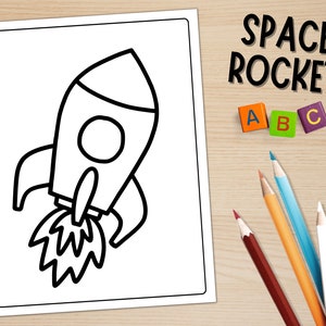 May include: A black and white line drawing of a rocket ship with flames coming out of the back. The words "SPACE ROCKET" are written above the rocket ship. The letters A, B, and C are written below the rocket ship.