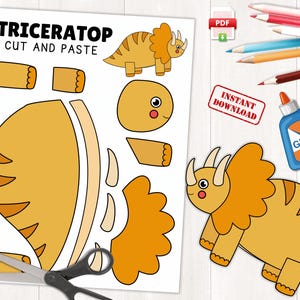 May include: Printable Triceratops cut and paste activity for kids. The printable features a yellow and orange Triceratops with the words "Triceratops Cut and Paste" at the top.