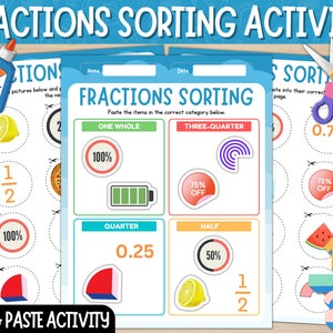 Fractions Sorting Activity | Cut and Paste | Fractions Activity Sort Printable Worksheets | Fractions Activities | Digital Download | PDF