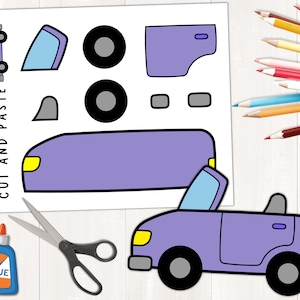May include: A printable cut and paste activity for kids featuring a purple convertible car. The printable includes the car body, wheels, headlights, and a windshield. The text "CONVERTIBLE CAR CUT AND PASTE" is at the top of the page.
