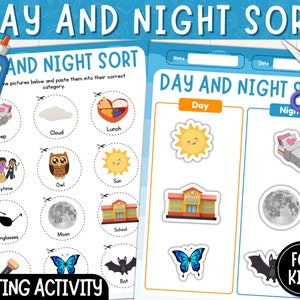 Actividad de clasificación diurna y nocturna / Cortar y pegar / Hoja de trabajo imprimible diurna o nocturna para niños / Preescolar Montessori / Descarga instantánea / PDF