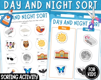 Tag und Nacht Sortieraktivität | Ausschneiden und Einfügen | Ausdruckbares Arbeitsblatt für Tag oder Nacht für Kinder | Vorschule Montessori | Sofortdownload | PDF-Datei
