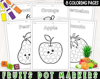 May include: Eight black and white coloring pages featuring different fruits, including a pear, apple, watermelon, tomato, avocado, and orange. Each fruit is designed with a dot marker pattern for kids to color in.