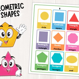 K&ouml;nnte beinhalten: Eine bunte Lernkarte mit Illustrationen geometrischer Formen, darunter ein Kreis, ein Quadrat, ein Dreieck, ein Rechteck, eine Raute, ein Achteck, ein F&uuml;nfeck, ein Sechseck und ein Oval. Die Karte enth&auml;lt die englischen und spanischen Namen f&uuml;r jede Form.