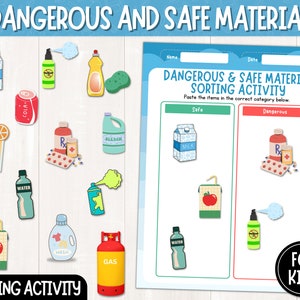 Actividad de clasificación de materiales peligrosos y seguros / Cortar y pegar / Hojas de trabajo imprimibles para clasificar materiales seguros e inseguros para niños / Descarga digital