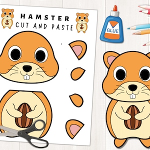 May include: A printable cut and paste activity for kids featuring a cartoon hamster holding a nut. The printable includes the hamster's body, head, ears, and a nut. The title of the printable is "Hamster Cut and Paste".