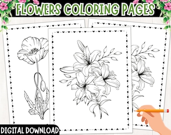 Printable Flower coloring pages for Kids, Flowers Coloring Book, Floral Coloring Pages, Printable Flowers, Digital Download, PDF