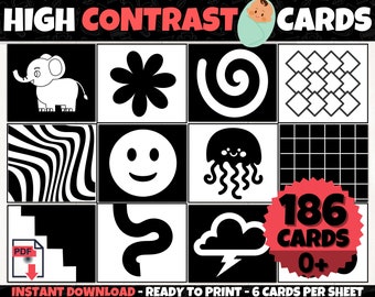 May include: A set of 186 high contrast black and white flash cards for babies. The cards feature simple shapes, patterns, and images like a spiral, a flower, a smiley face, and an elephant. The text "186 CARDS 0+ INSTANT DOWNLOAD - READY TO PRINT - 6 CARDS PER SHEET" is printed on the bottom of the image.