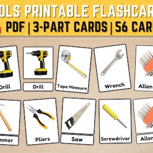Herramientas Tarjetas didácticas imprimibles / Herramientas Tarjetas Montessori de 3 partes / Herramientas y equipos 56 tarjetas didácticas con imágenes reales / Tarjetas didácticas de herramientas de taller