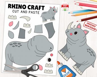 Druckbare Nashorn Bastelarbeiten für Kinder | Afrikanische Tieraktivität | Nashorn Cut and Paste Craft mit Malseite | Sofortdownload | PDF-Datei