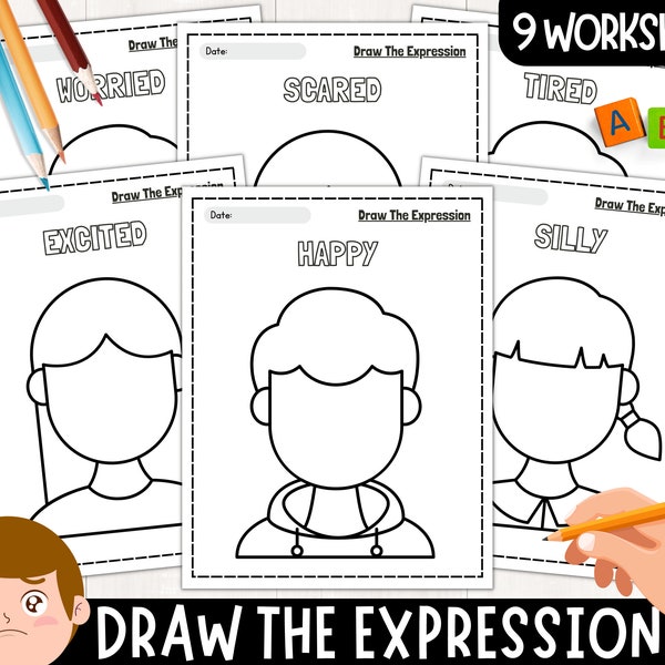 Draw The Expression Worksheets - Drawing Facial Expressions - Emotions and Facial Expressions - Autism Worksheets - Instant Download - PDF