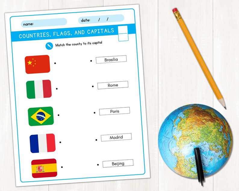 Countries Flags and Capitals Worksheets, Printable Countries of the