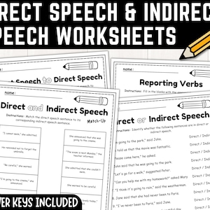 Direct and Indirect Speech Worksheets | Reported Speech | Identifying Direct and Indirect Speech | Grammar | Activities | Instant Download