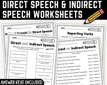Direct and Indirect Speech Worksheets | Reported Speech | Identifying Direct and Indirect Speech | Grammar | Activities | Instant Download