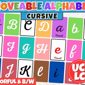 Tarjetas con el alfabeto cursivo movible: letras mayúsculas y minúsculas, lectura Montessori, materiales imprimibles para enseñar el alfabeto, descarga instantánea