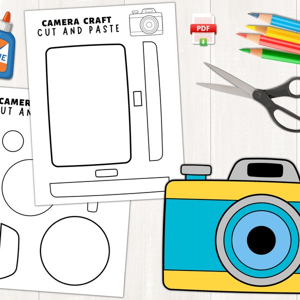 Printable Camera Craft for Kids | Camera Cut & Paste Craft Template | Build a Camera | Camera Coloring Page | US Letter Size | A4 Size