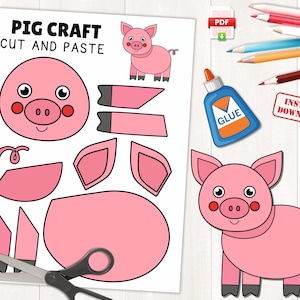 May include: Printable pig craft activity for kids. Cut and paste the pink pig pieces to create a complete pig. The printable includes a pig head, body, legs, ears, and tail.