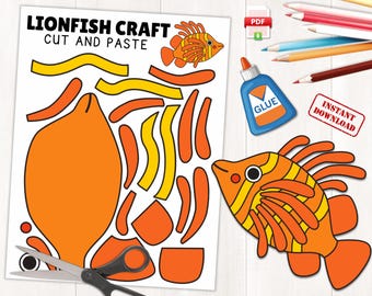 Afdrukbare Lionfish-knutselsjabloon voor kinderen | Knutselactiviteit oceaandieren | Knutselen koraalrif knippen en plakken met kleurplaat
