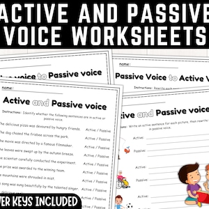 Könnte beinhalten: Schwarz-weiße druckbare Arbeitsblätter zum Erlernen der Aktiv- und Passivform in der Grammatik. Die Arbeitsblätter enthalten Anweisungen und Beispiele für Sätze in Aktiv- und Passivform.