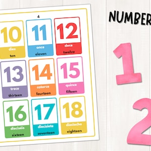 K&ouml;nnte beinhalten: Farbige Karteikarten mit den Zahlen 10 bis 18 in Englisch und Spanisch. Die Zahlen sind in gro&szlig;er, fetter Schrift geschrieben und von einem wei&szlig;en Rand umgeben. Die Karteikarten sind in einem Raster von drei Reihen und drei Spalten angeordnet. Das Wort "NUMBERS" ist in gro&szlig;er, fetter Schrift oben im Bild geschrieben.