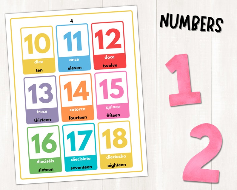 K&ouml;nnte beinhalten: Farbige Karteikarten mit den Zahlen 10 bis 18 in Englisch und Spanisch. Die Zahlen sind in gro&szlig;er, fetter Schrift geschrieben und von einem wei&szlig;en Rand umgeben. Die Karteikarten sind in einem Raster von drei Reihen und drei Spalten angeordnet. Das Wort "NUMBERS" ist in gro&szlig;er, fetter Schrift oben im Bild geschrieben.