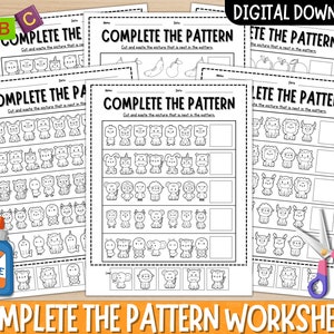 Może przedstawiać: Czarno-białe, drukowalne arkusze ćwiczeń z tekstem "Uzupełnij wzór" i instrukcjami, aby wyciąć i wkleić obrazek, który jest następny w wzorze. Arkusze ćwiczeń przedstawiają różne ilustracje zwierząt.