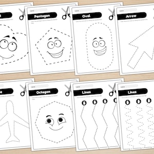 May include: Black and white printable worksheet with cut-out shapes for kids. The shapes include a heart, pentagon, oval, arrow, plane, octagon, and lines. Each shape has a dotted line for cutting and a smiling face.