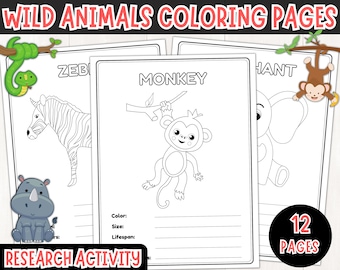 Printable Wild Animals Coloring Pages for Kids, Wild Animals Research Activity, Wild Animals Coloring Book, Wild Animals Facts, PDF